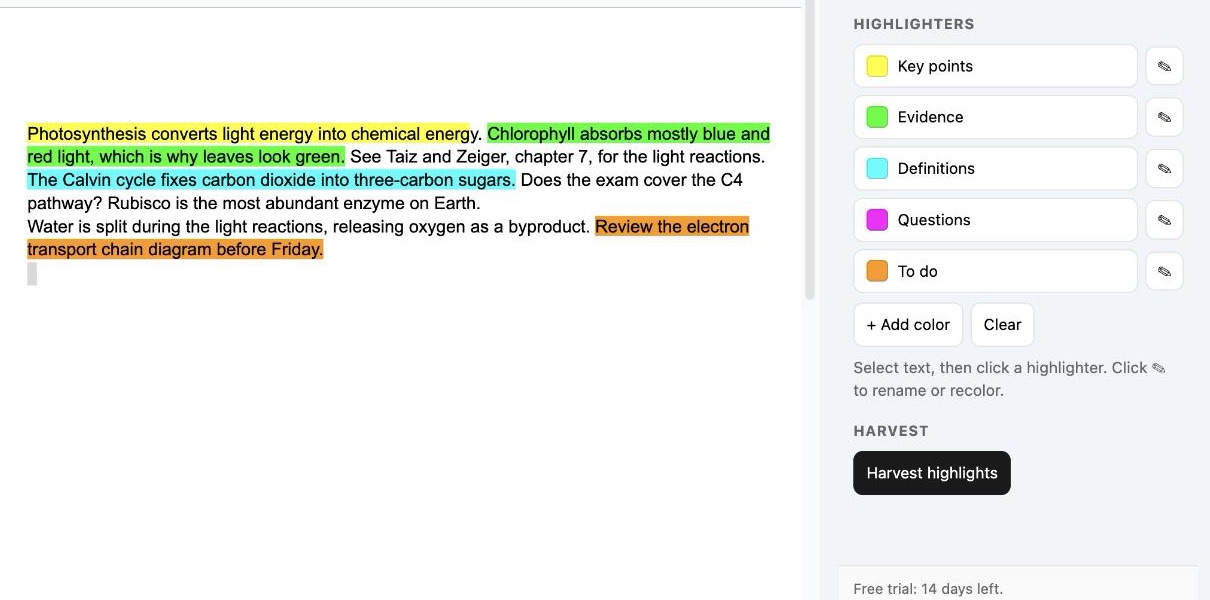 The Highlight Harvest sidebar in Google Docs showing five named highlighters: Key points, Evidence, Definitions, Questions, To do