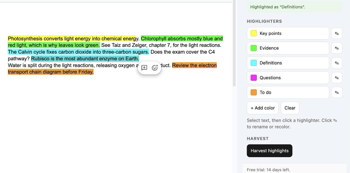 A sentence in the document highlighted cyan after clicking the Definitions highlighter, with the sidebar confirming Highlighted as Definitions