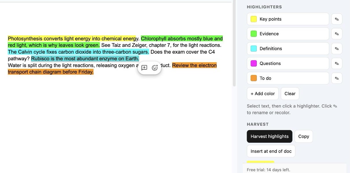 After clicking Harvest highlights, the sidebar shows Copy and Insert at end of doc buttons