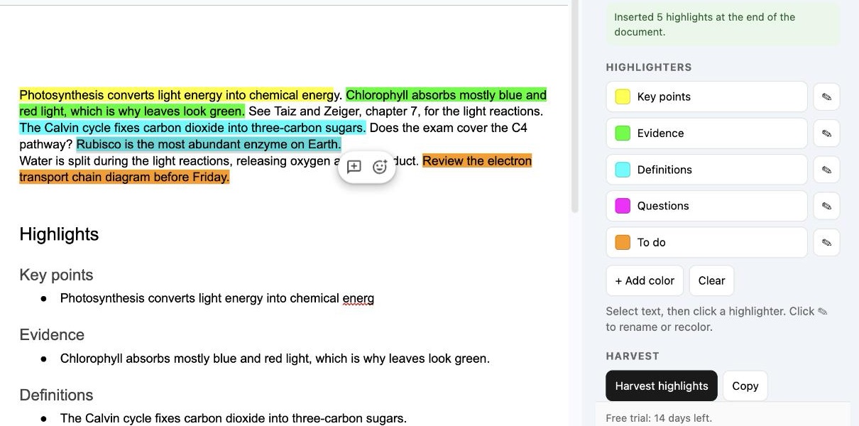 A Highlights section inserted at the end of the document with a heading per color and the highlighted passages as bullets